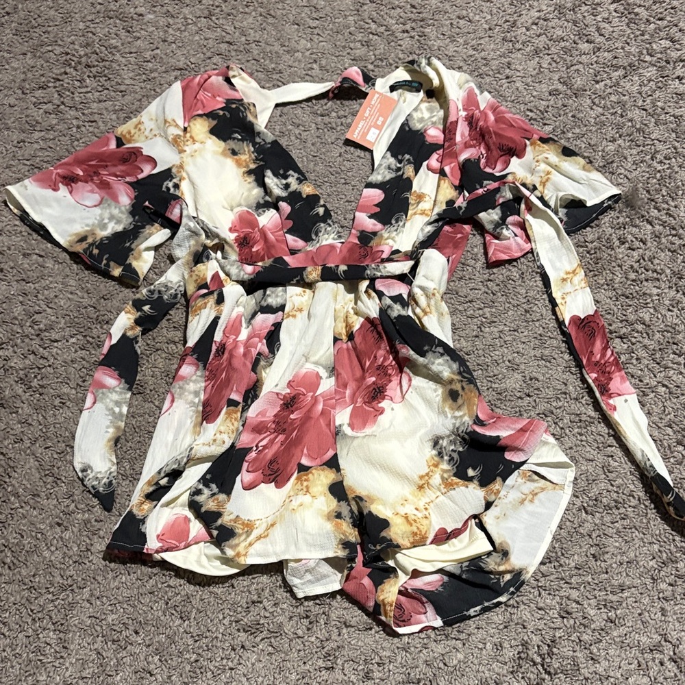 Floral Wrap romper- Pink and Cream